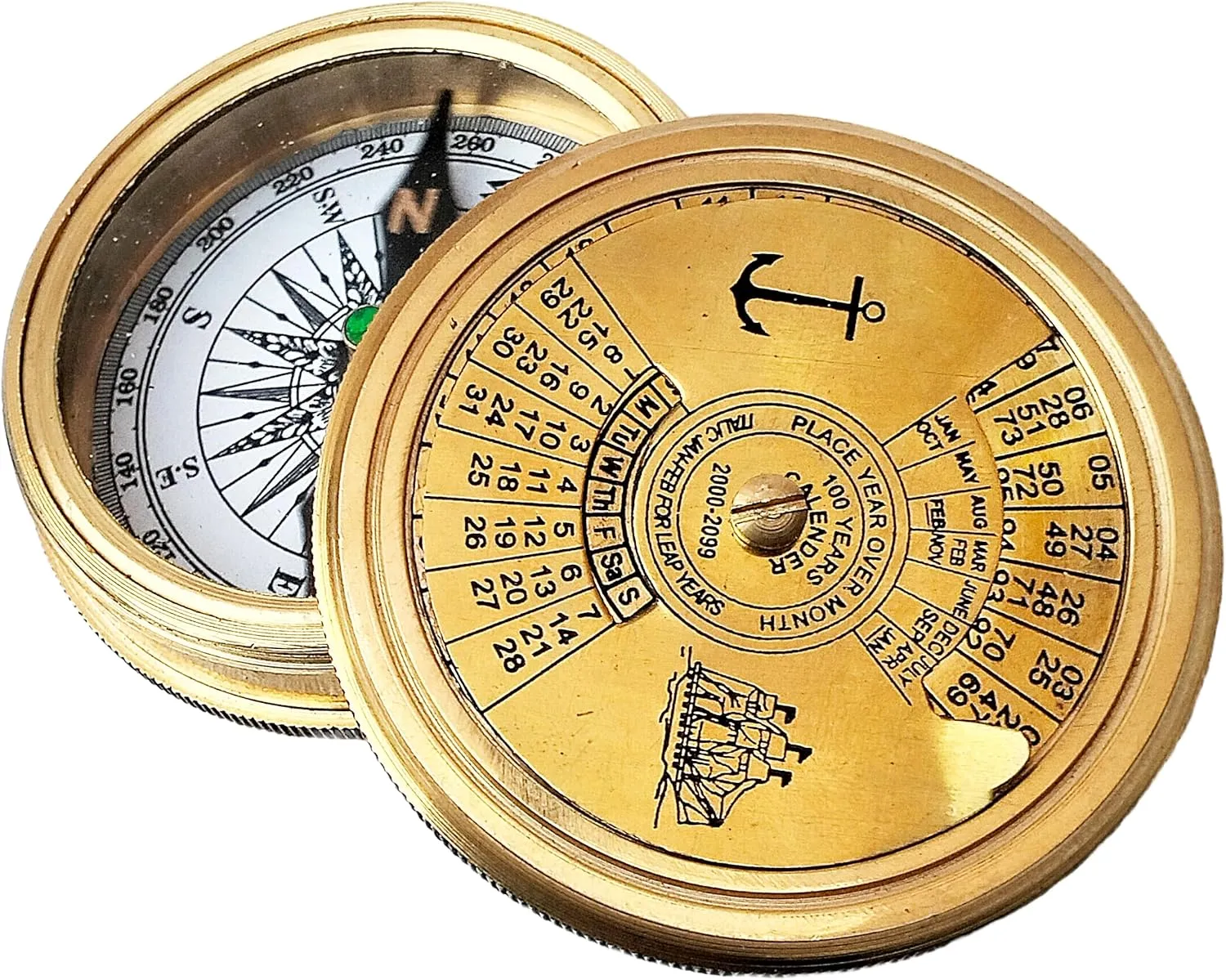 Antique Brass Finish Traveler's Pocket Poam Compass with a 100 -Year Calendar and Nautical Retro Style is a Useful Navigation Tool for Travelers.