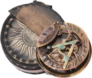 Antique Brass Pocket Sundial Compass for Navigation Outdoor Activities Camping Hiking 3 inch with Black Leather Box (MKSPR)