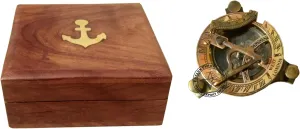 Antique Brass Pocket Sundial Compass for Navigation Outdoor Activities Camping Hiking 3 inch with Wood Box (MKSPR)