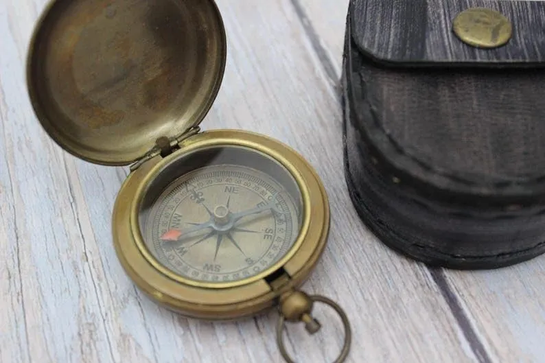 Antique Compass, Vintage Compass, Pocket Compass Reproduction Brass Compass with Leather Case Gift for Him, Wedding Gift for Wife