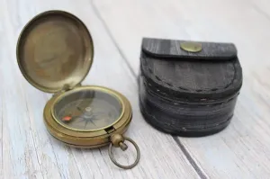 Antique Compass, Vintage Compass, Pocket Compass Reproduction Brass Compass with Leather Case Gift for Him, Wedding Gift for Wife