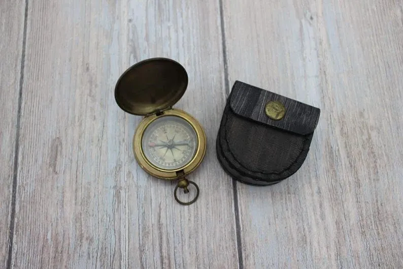 Antique Compass, Vintage Compass, Pocket Compass Reproduction Brass Compass with Leather Case Gift for Him, Wedding Gift for Wife