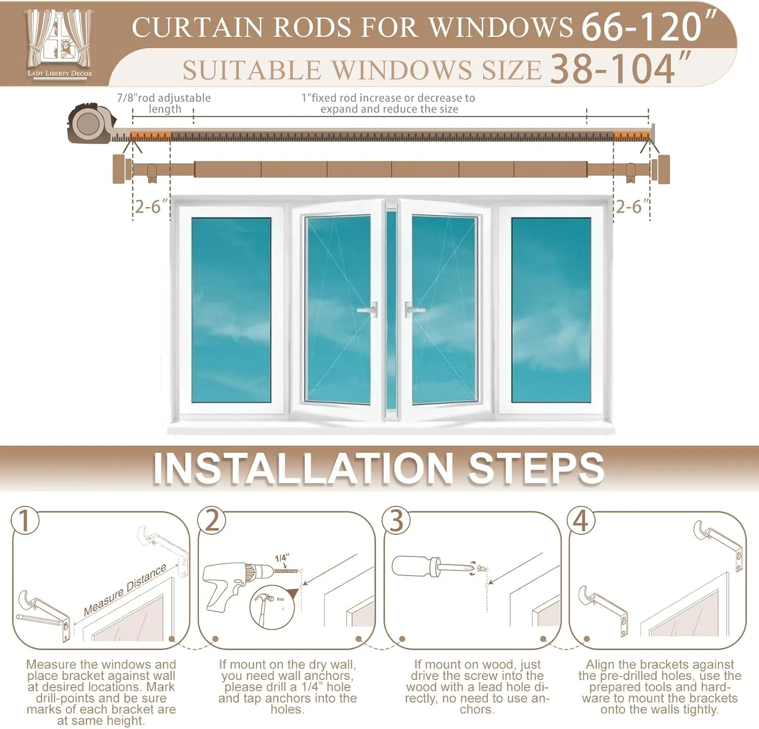 Antique Silver - Curtain Rod - Adjustable Rod 66-120 Inches| Telescopic & Heavy-Duty | EASY INSTALLATION |USA Small Business | Curtain Rods for Windows |