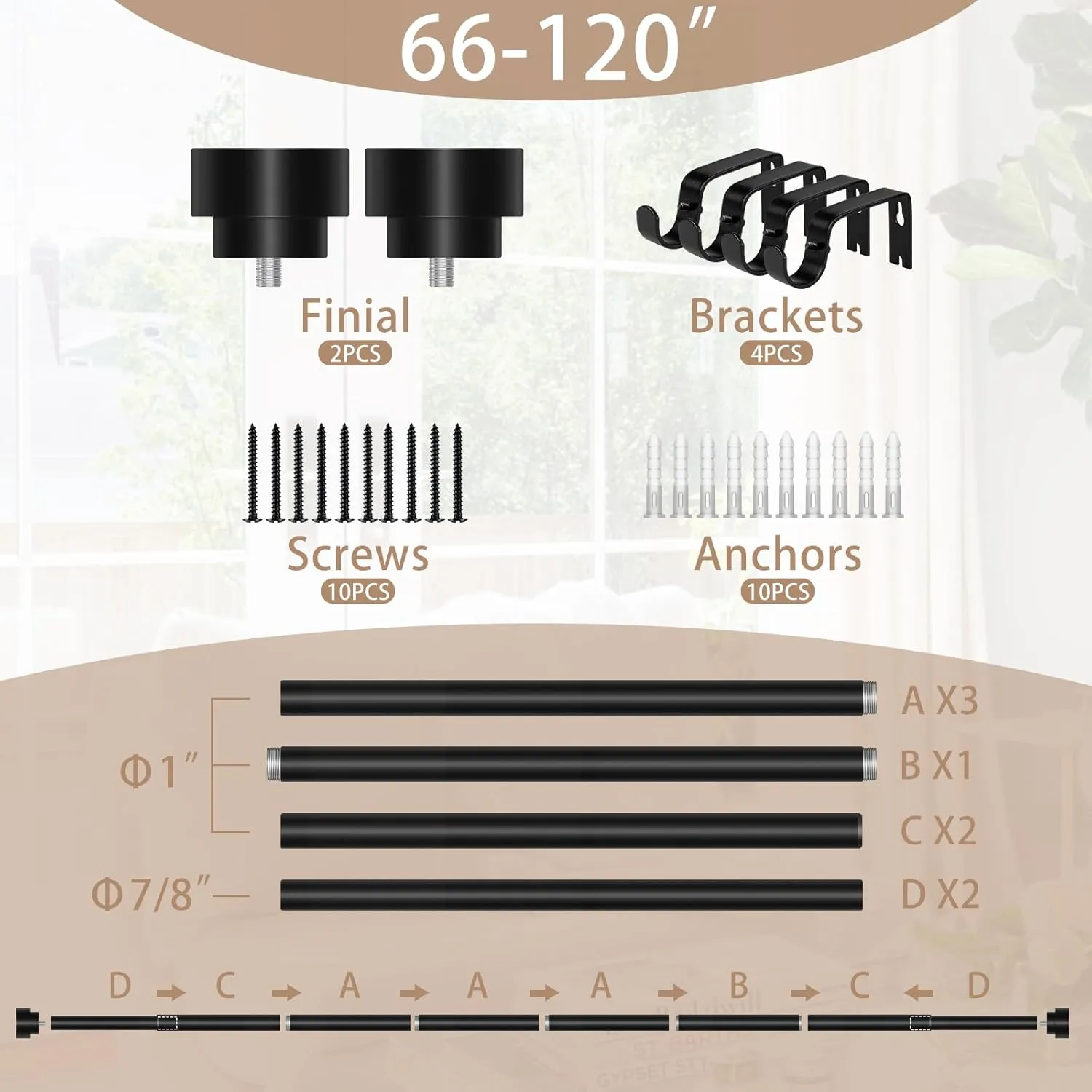 Antique Silver - Curtain Rod - Adjustable Rod 66-120 Inches| Telescopic & Heavy-Duty | EASY INSTALLATION |USA Small Business | Curtain Rods for Windows |