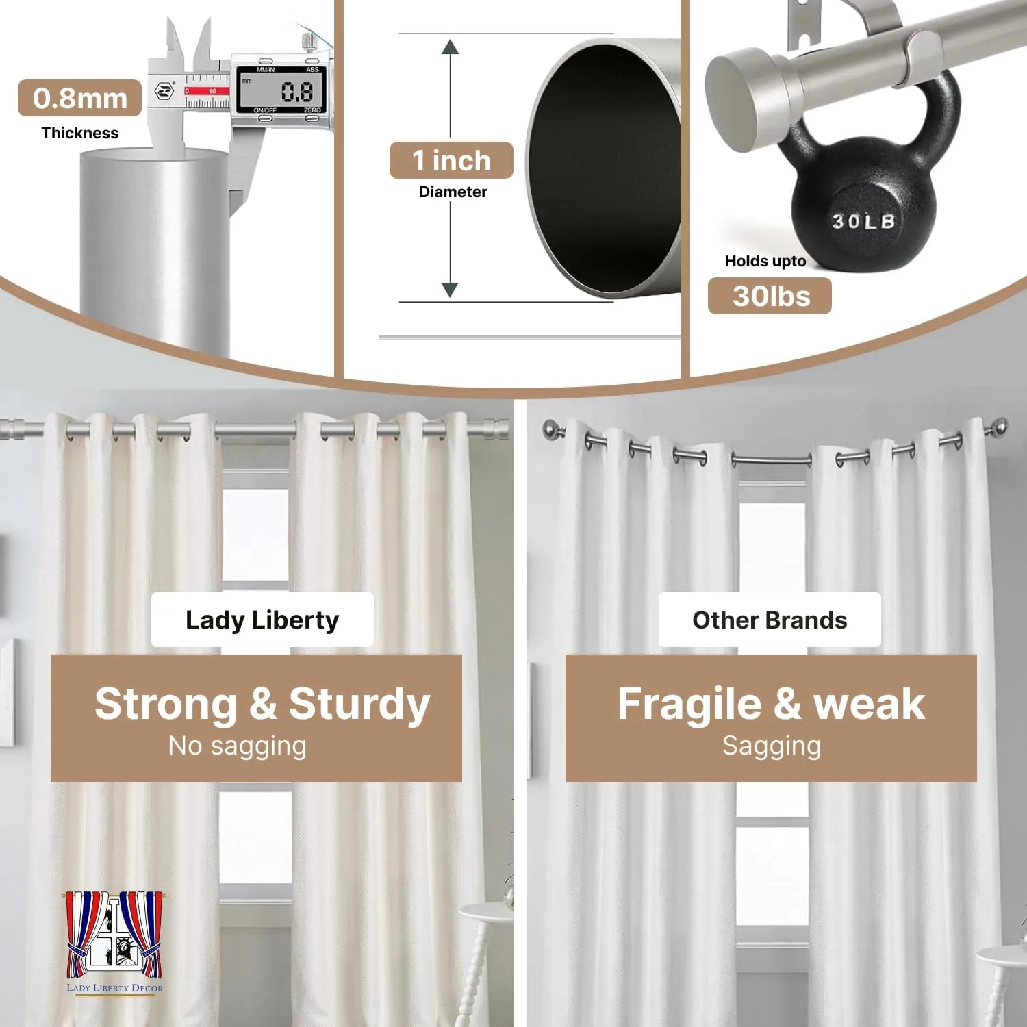 Antique Silver - Curtain Rod - Adjustable Rod 66-120 Inches| Telescopic & Heavy-Duty | EASY INSTALLATION |USA Small Business | Curtain Rods for Windows |
