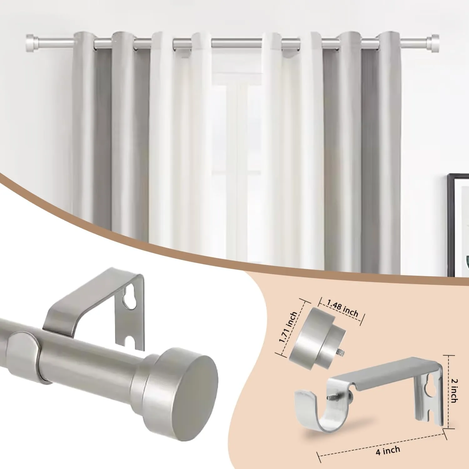 Antique Silver - Curtain Rod - Adjustable Rod 66-120 Inches| Telescopic & Heavy-Duty | EASY INSTALLATION |USA Small Business | Curtain Rods for Windows |
