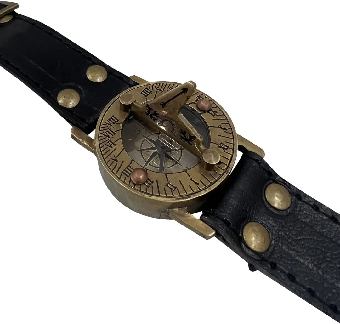 Antique Sundial Compass with Black Leather Band Retro Watch Compass Nautical Comfort Wear Handmade Article Camping Boating Compass
