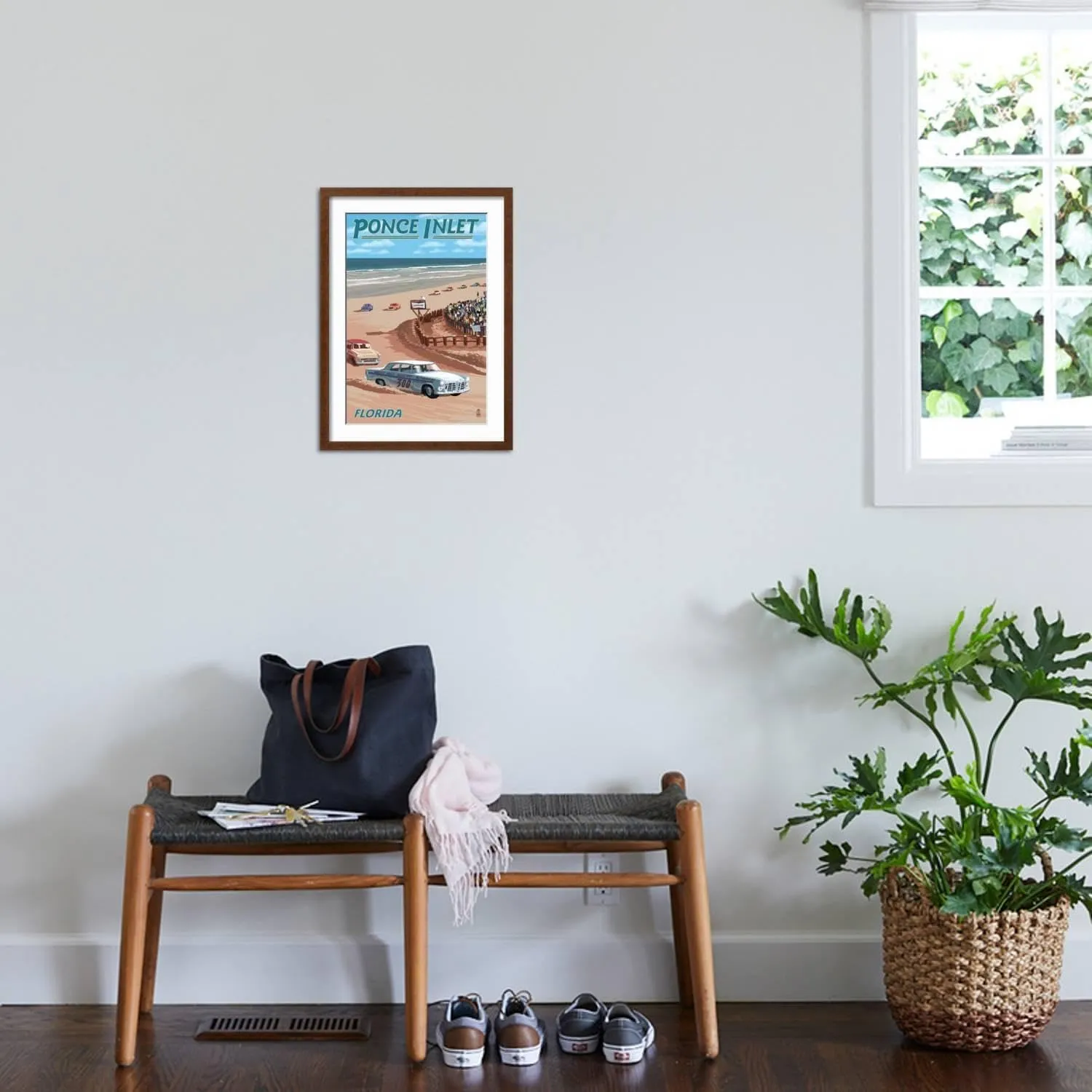 ART.COM Wall Art Print Dayton Beach Race Scene, Ponce Inlet, FL on Brown Frame by Lantern Press, 17" x 23"