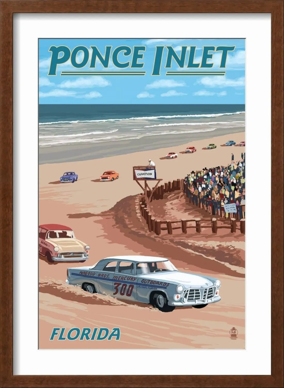 ART.COM Wall Art Print Dayton Beach Race Scene, Ponce Inlet, FL on Brown Frame by Lantern Press, 17" x 23"