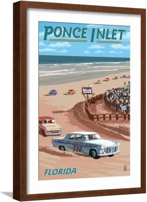 ART.COM Wall Art Print Dayton Beach Race Scene, Ponce Inlet, FL on Brown Frame by Lantern Press, 17" x 23"