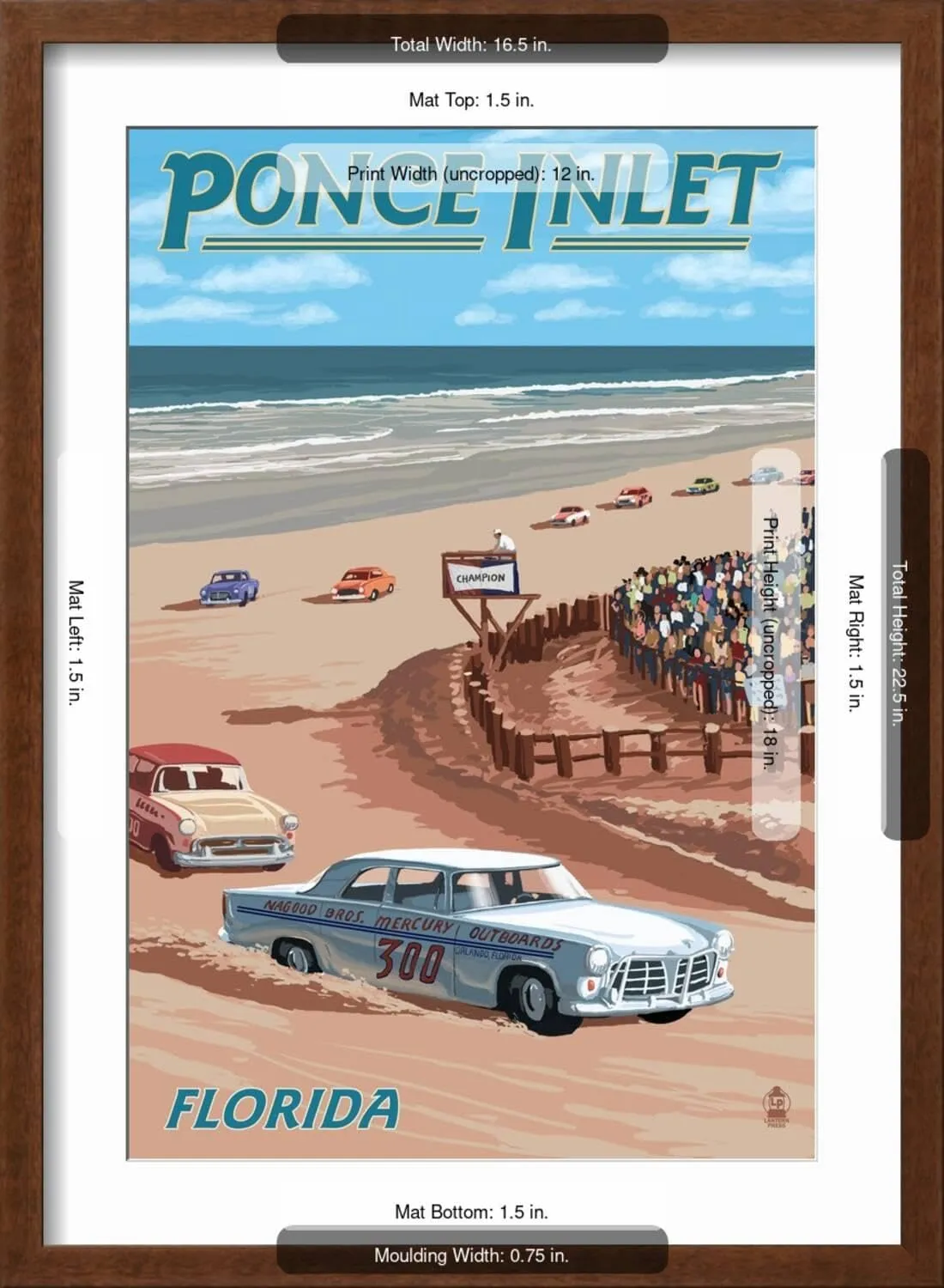 ART.COM Wall Art Print Dayton Beach Race Scene, Ponce Inlet, FL on Brown Frame by Lantern Press, 17" x 23"