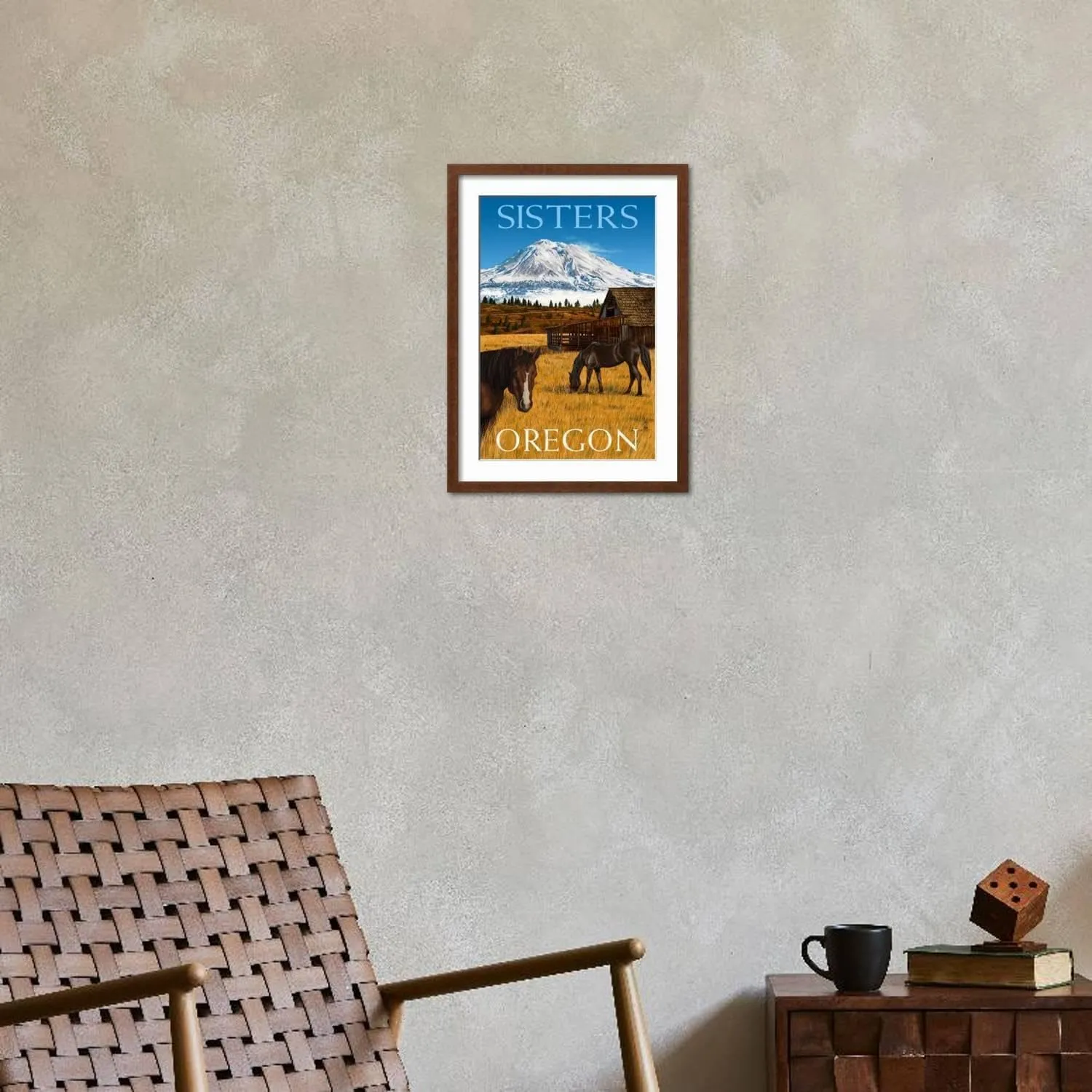 ART.COM Wall Art Print Horses and Mountain - Sisters, Oregon on Brown Frame by Lantern Press, 16" x 22"