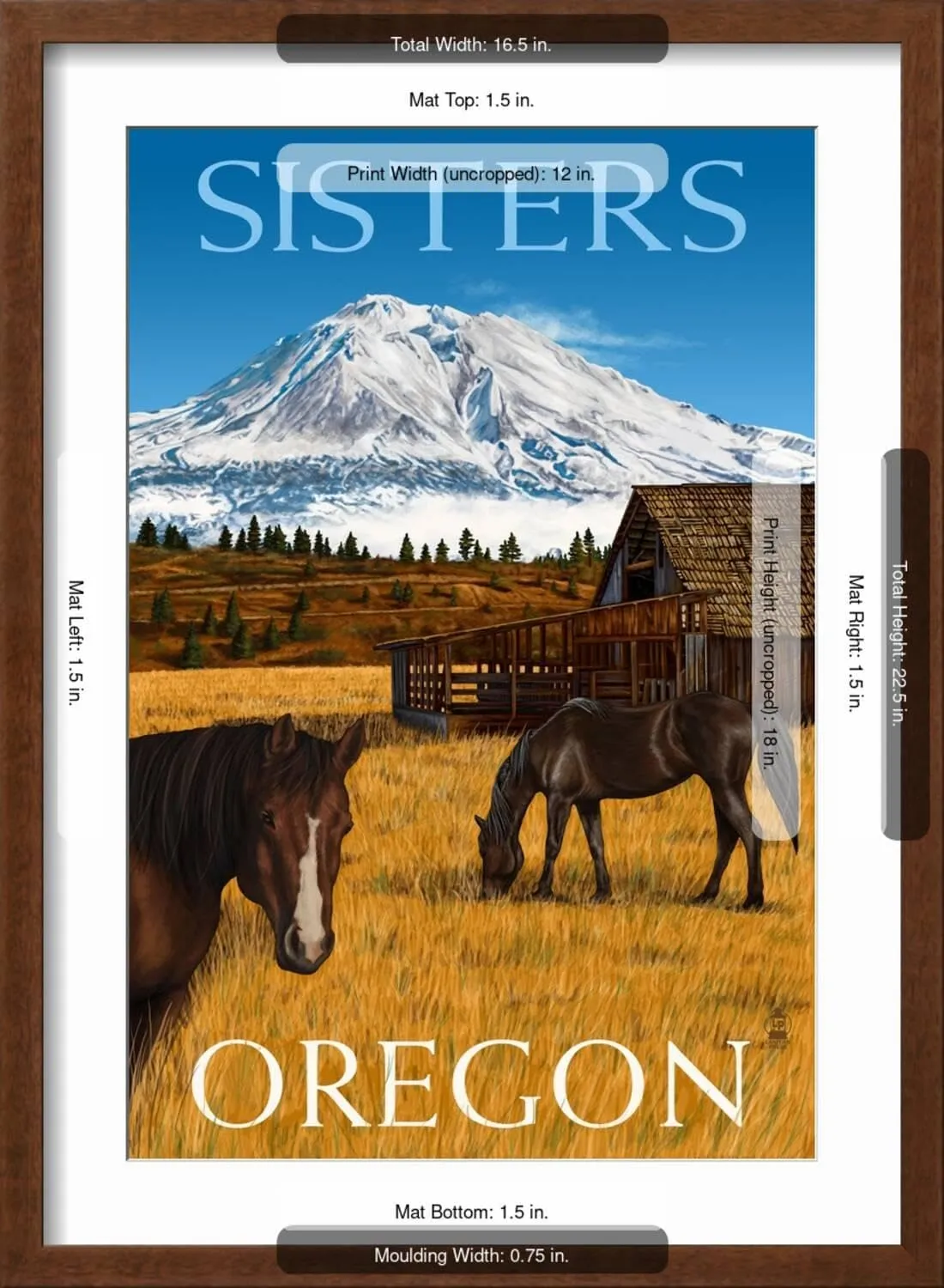 ART.COM Wall Art Print Horses and Mountain - Sisters, Oregon on Brown Frame by Lantern Press, 16" x 22"