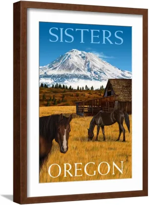 ART.COM Wall Art Print Horses and Mountain - Sisters, Oregon on Brown Frame by Lantern Press, 16" x 22"