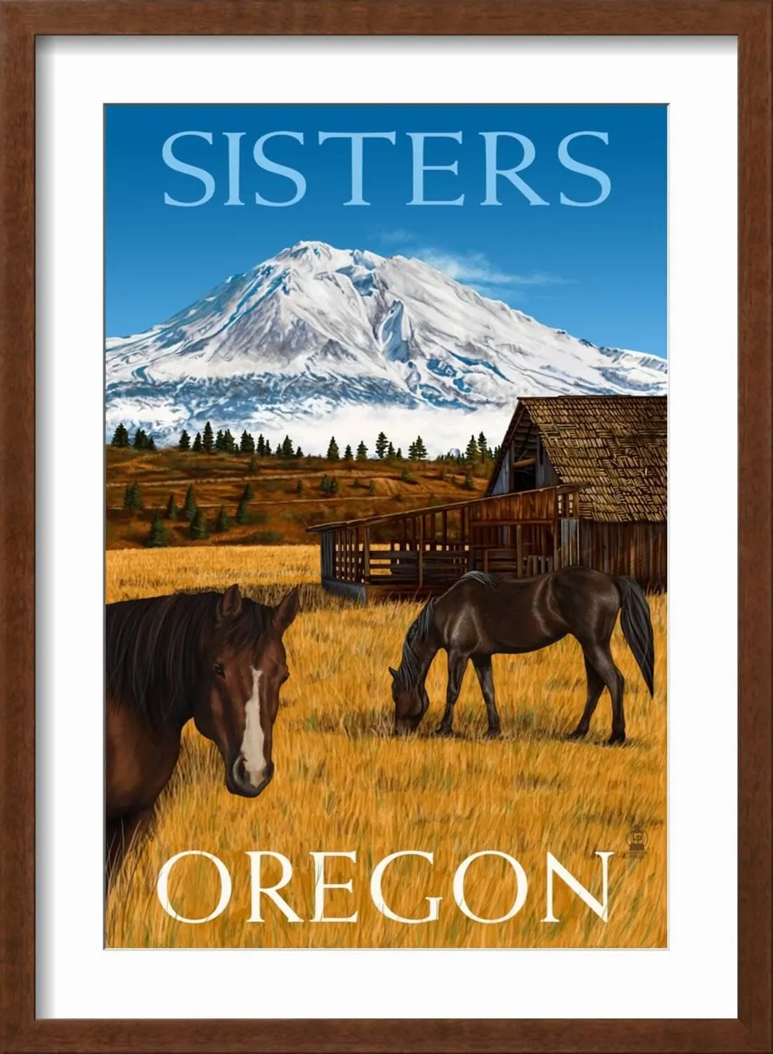ART.COM Wall Art Print Horses and Mountain - Sisters, Oregon on Brown Frame by Lantern Press, 16" x 22"