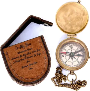 ARTHAASTU | Engraved Brass Navigation Tool for Son, Pocket Gift with Leather Case, Inspirational Quote, Graduation, Birthday & Marriage Present, Adventure Travel, Nautical Hiking Gear