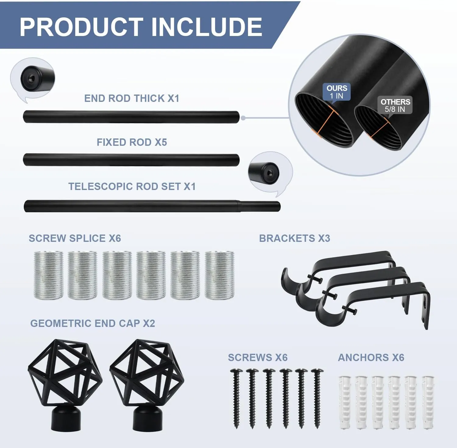 ASHLEYRIVER Curtain Rods for windows 66-120 Inch, 1 Inch Adjustable Curtain Rod, Telescoping Splicing Heavy Duty Curtain Rods with Decorative Geometric Finials, 30"-120",Matte Black