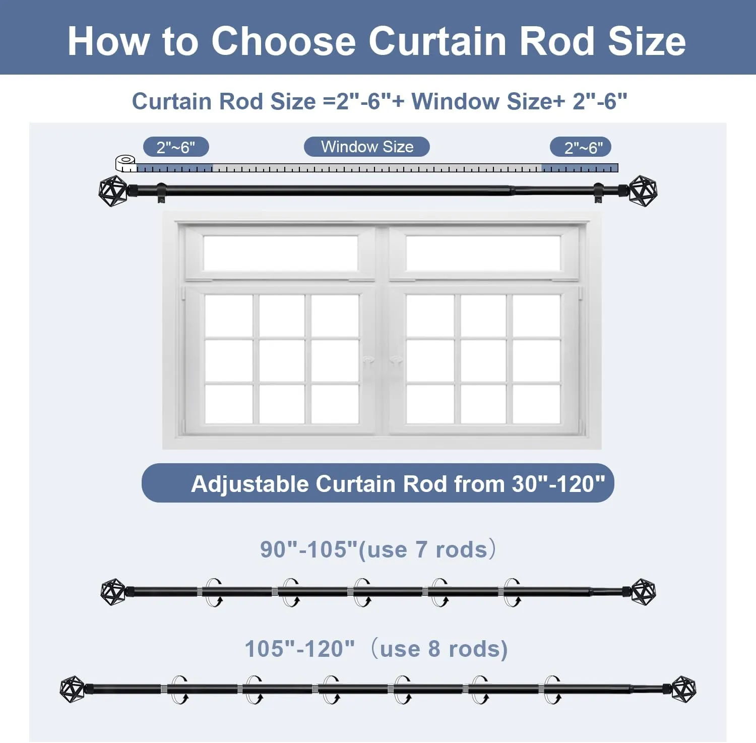 ASHLEYRIVER Curtain Rods for windows 66-120 Inch, 1 Inch Adjustable Curtain Rod, Telescoping Splicing Heavy Duty Curtain Rods with Decorative Geometric Finials, 30"-120",Matte Black