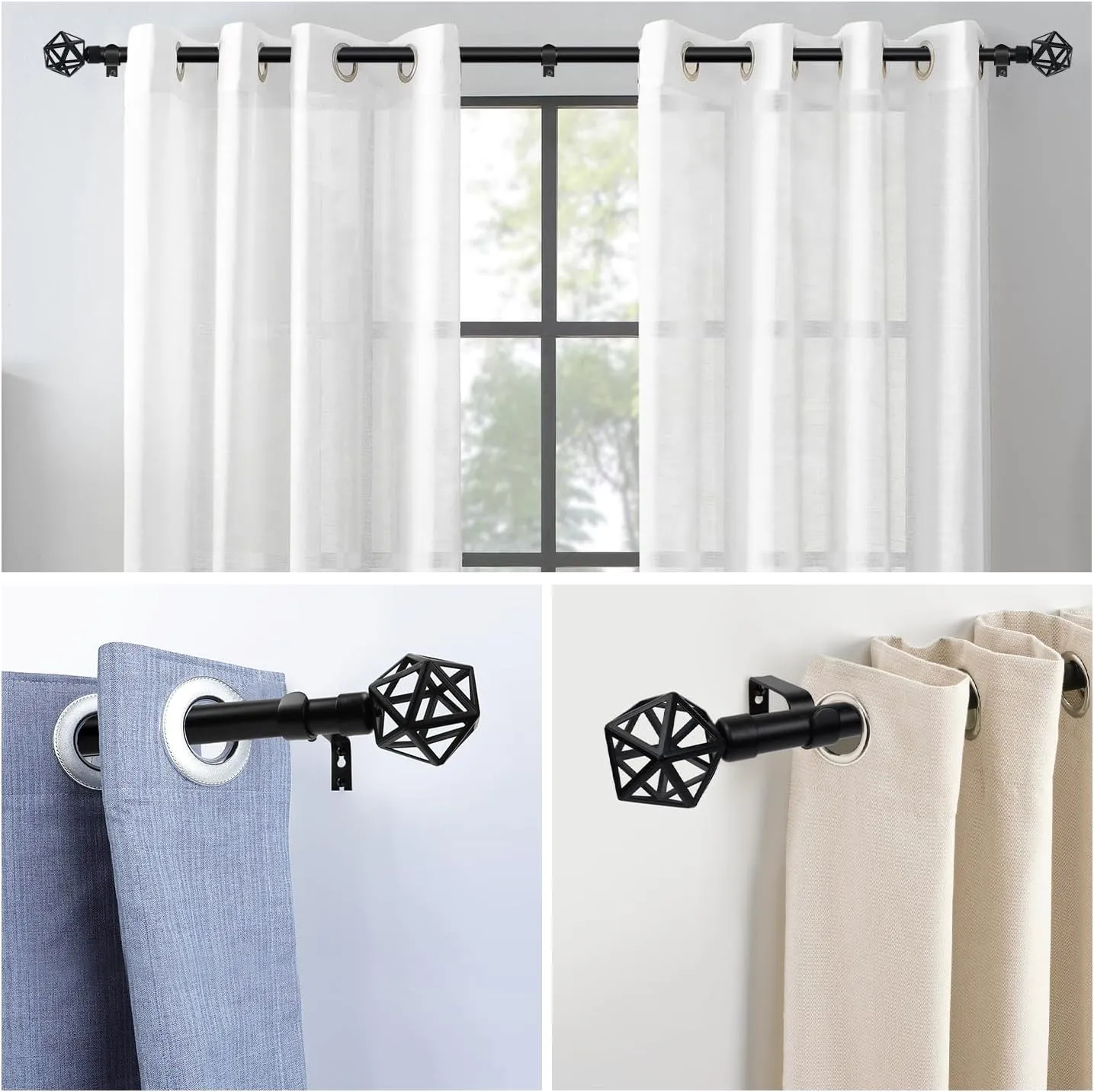 ASHLEYRIVER Curtain Rods for windows 66-120 Inch, 1 Inch Adjustable Curtain Rod, Telescoping Splicing Heavy Duty Curtain Rods with Decorative Geometric Finials, 30"-120",Matte Black