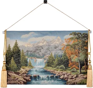 AureoMadis Vintage Forest Tapestry Wall Hanging Set - Spring Mountain Aesthetic Green with Telescopic Rod & Tassels, Jacquard Woven Fabric Wall Tapestries for Bedroom/Living Room Decor Art (42"x27")​