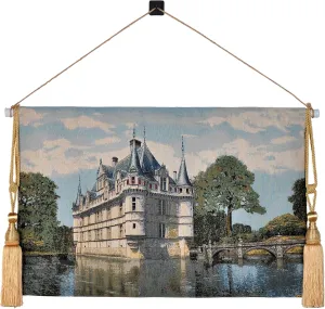 AureoMadis Vintage Nature Tapestry Wall Hanging Set with Telescopic Rod & Tassels - Jacquard Woven Fabric Aesthetic Castle Landscape Wall Tapestry for Bedroom/Living Room Decor Green Art (42"x27")