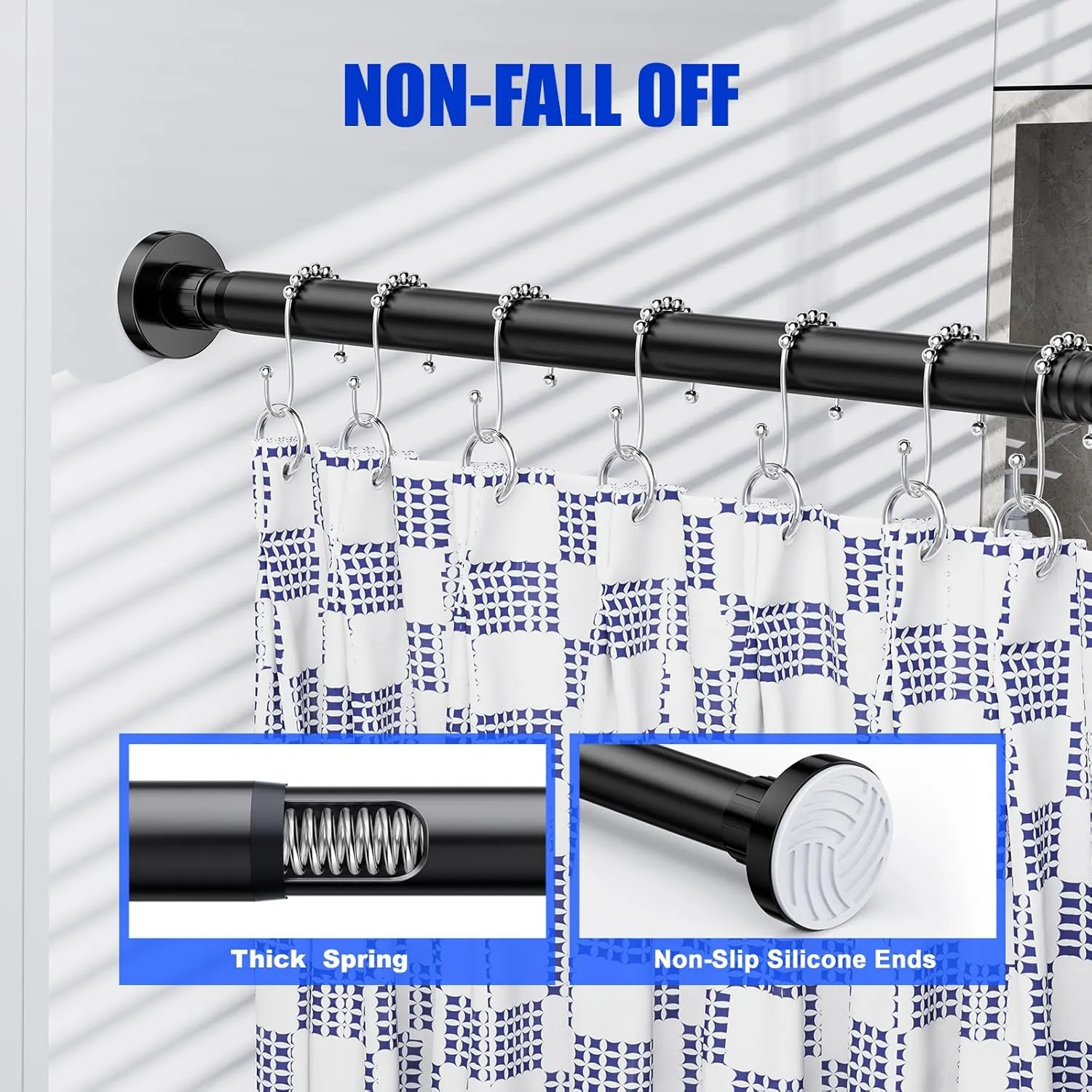 Ausemku Shower Curtain Rod 32 to 80 Inch - 1 Inch Diameter Never Rust Non-Slip Spring Tension Curtain Rod No Drilling Stainless Steel Telescoping Rod