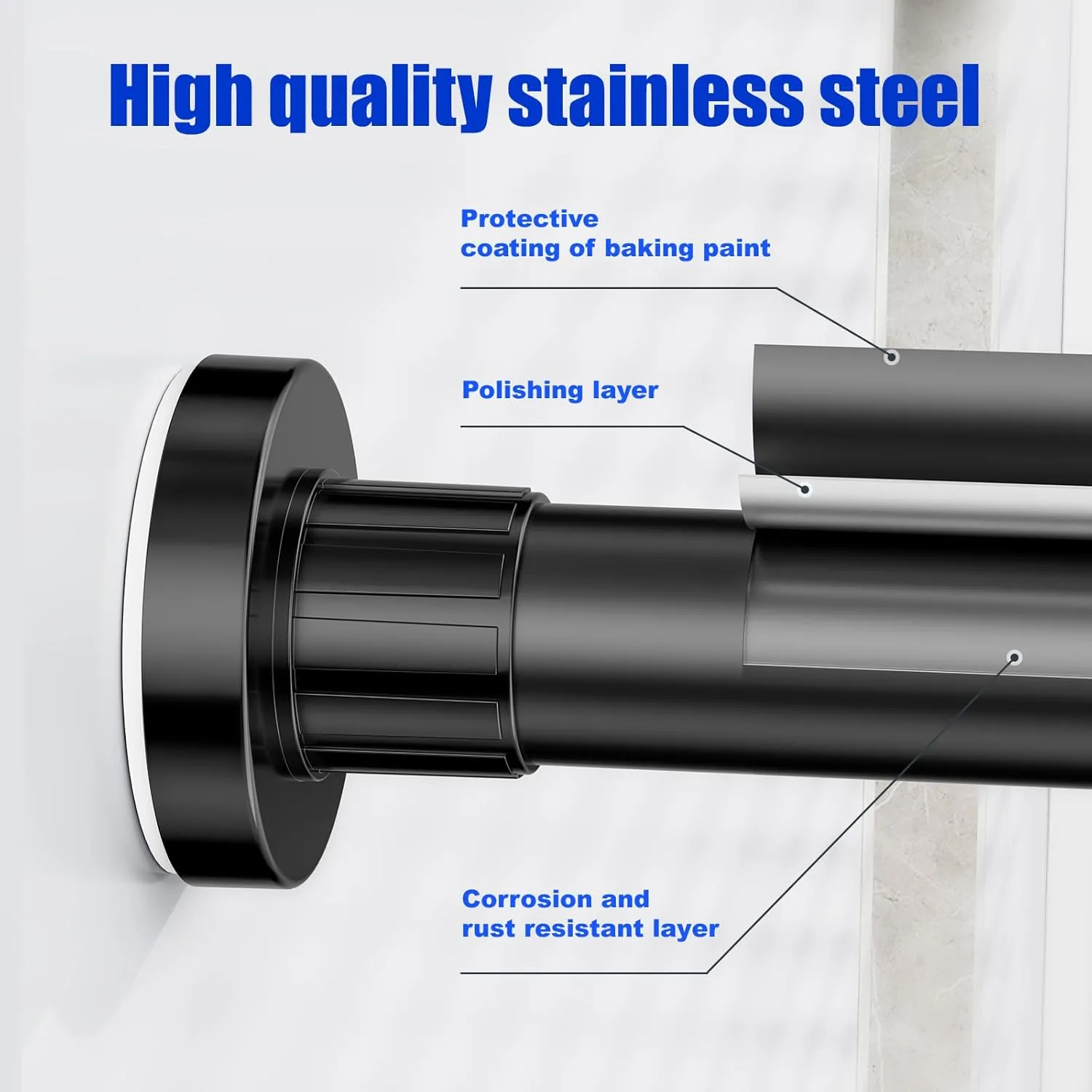 Ausemku Shower Curtain Rod 32 to 80 Inch - 1 Inch Diameter Never Rust Non-Slip Spring Tension Curtain Rod No Drilling Stainless Steel Telescoping Rod