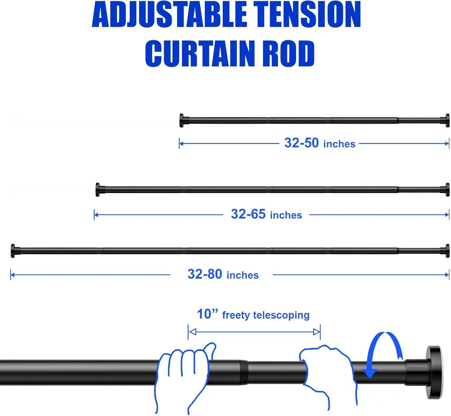 Ausemku Shower Curtain Rod 32 to 80 Inch - 1 Inch Diameter Never Rust Non-Slip Spring Tension Curtain Rod No Drilling Stainless Steel Telescoping Rod