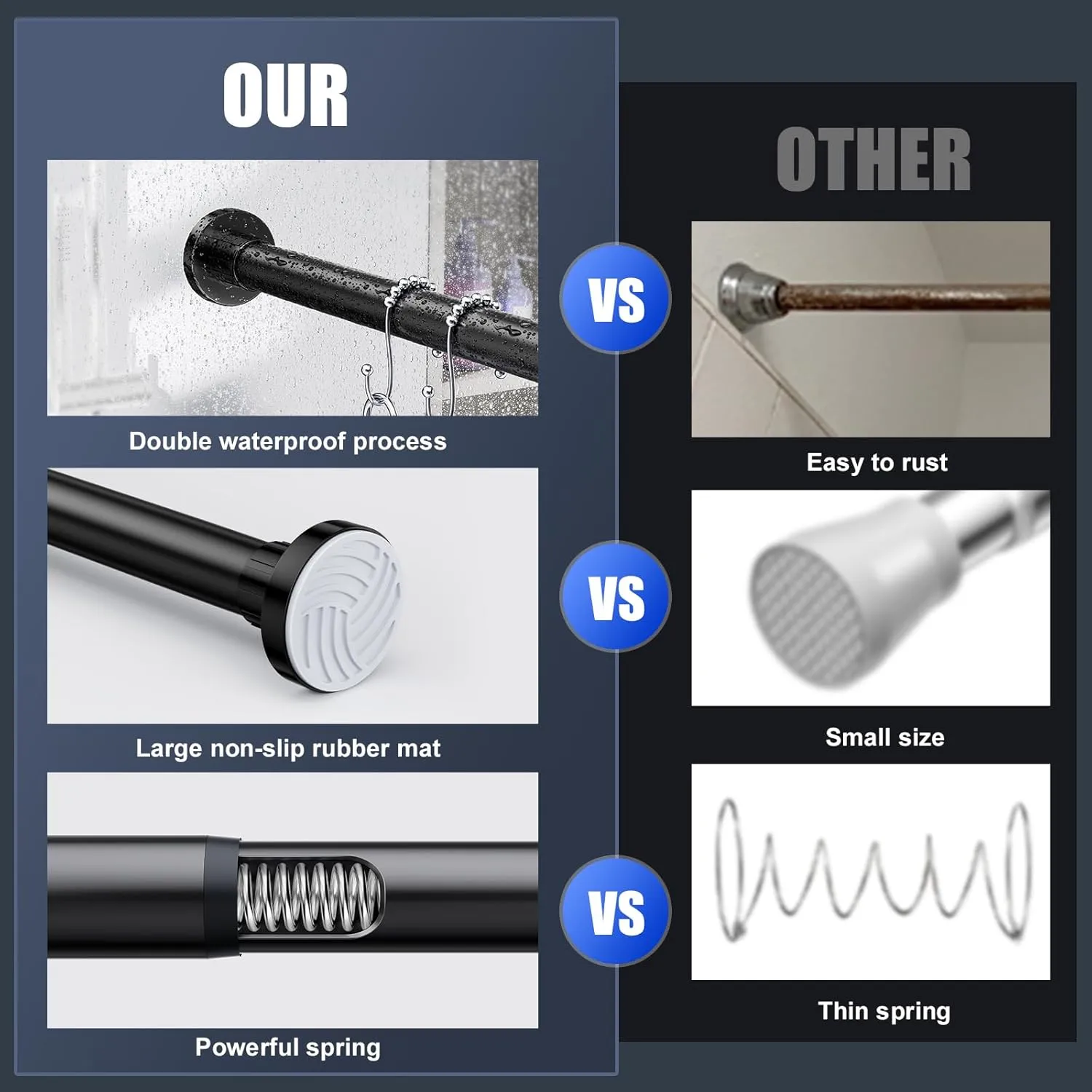 Ausemku Shower Curtain Rod 32 to 80 Inch - 1 Inch Diameter Never Rust Non-Slip Spring Tension Curtain Rod No Drilling Stainless Steel Telescoping Rod
