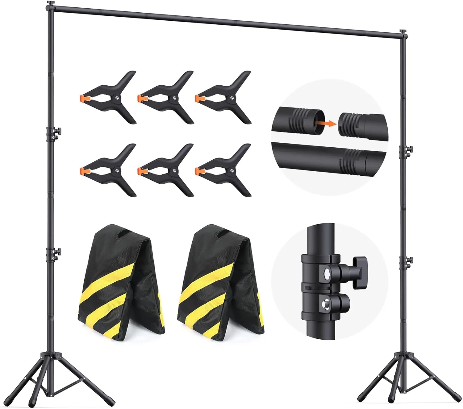Backdrop Stand 10x7.5ft (WxH), Photo Backdrop Stand for Parties, Heavy Duty Background Stand Kit with 6 Clamps and 2 Sandbags