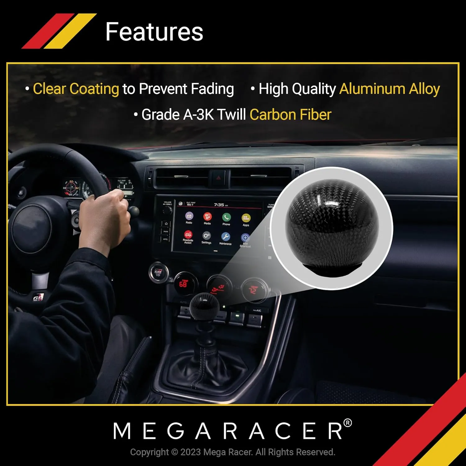 Ball Black Carbon Fiber Shift Knob | Buttonless Automatic Manual Gear Shifter for 4, 5, 6 Speed Cars | Stick Shift Handle