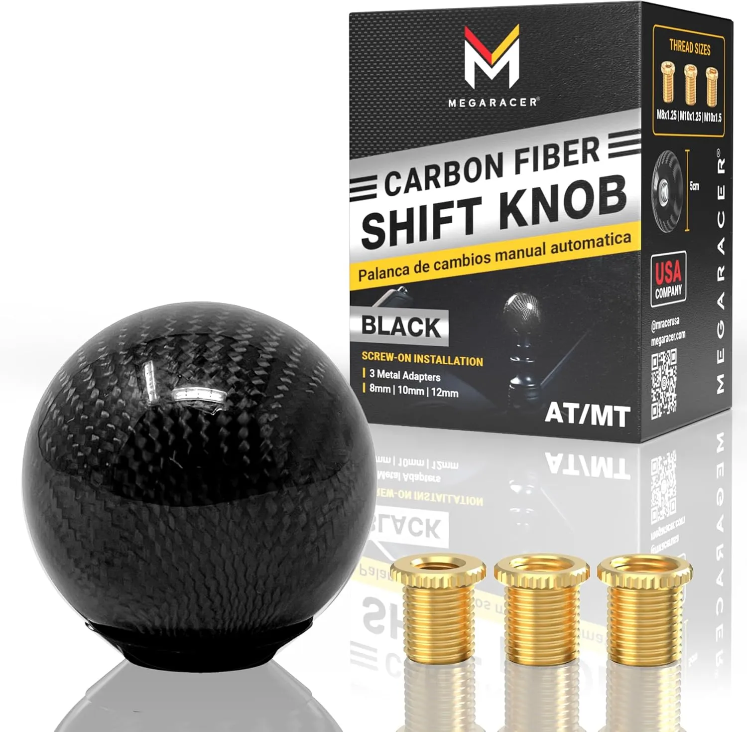 Ball Black Carbon Fiber Shift Knob | Buttonless Automatic Manual Gear Shifter for 4, 5, 6 Speed Cars | Stick Shift Handle