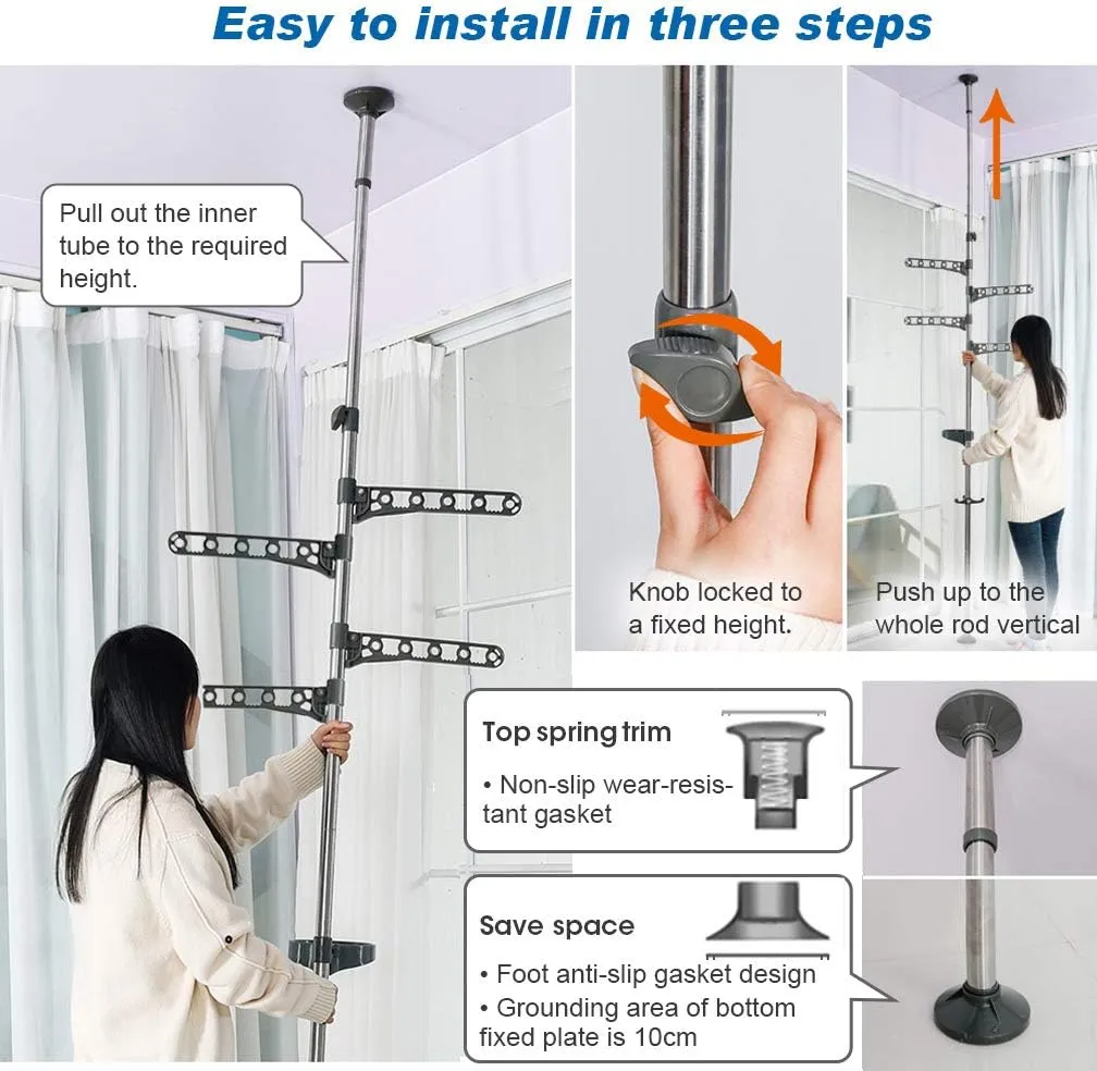 BAOYOUNI Adjustable Corner Coat Rack Stand Entryway Hall Tree Hat Jacket Hanger Hooks Floor to Ceiling Holder Organizer for Clothes, Purse, Scarves, Handbags, Umbrella, Plants - Grey