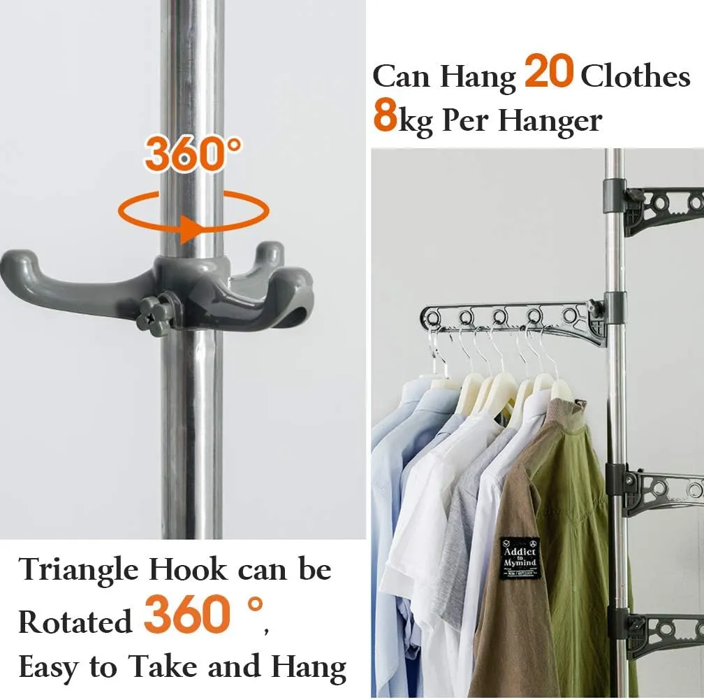 BAOYOUNI Adjustable Corner Coat Rack Stand Entryway Hall Tree Hat Jacket Hanger Hooks Floor to Ceiling Holder Organizer for Clothes, Purse, Scarves, Handbags, Umbrella, Plants - Grey
