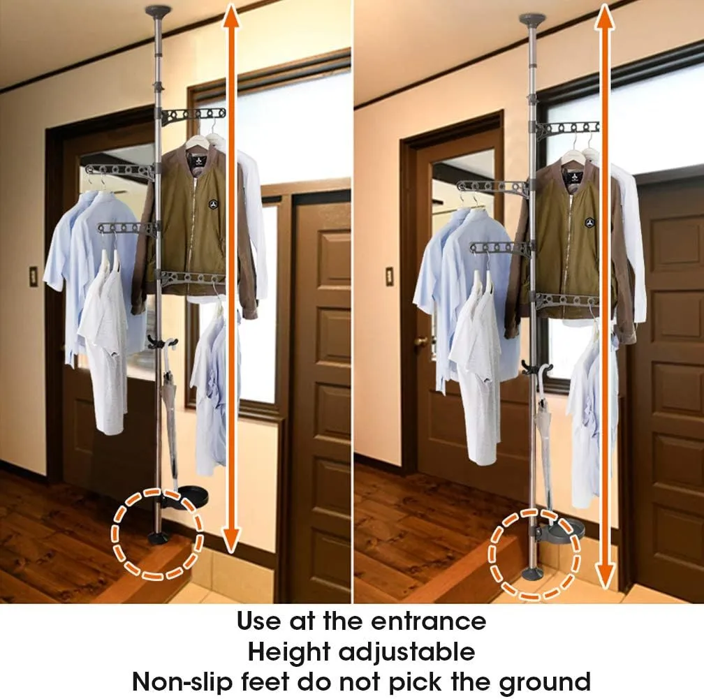 BAOYOUNI Adjustable Corner Coat Rack Stand Entryway Hall Tree Hat Jacket Hanger Hooks Floor to Ceiling Holder Organizer for Clothes, Purse, Scarves, Handbags, Umbrella, Plants - Grey
