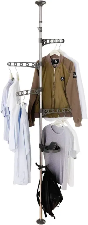 BAOYOUNI Adjustable Corner Coat Rack Stand Entryway Hall Tree Hat Jacket Hanger Hooks Floor to Ceiling Holder Organizer for Clothes, Purse, Scarves, Handbags, Umbrella, Plants - Grey
