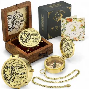 Be Strong and Courageous Brass Compass Engraved with Religious Scripture Verse - Ideal Gift for Son, Grandson, Daughter - Perfect for Baptism, Communion, Church and Graduation Day Present