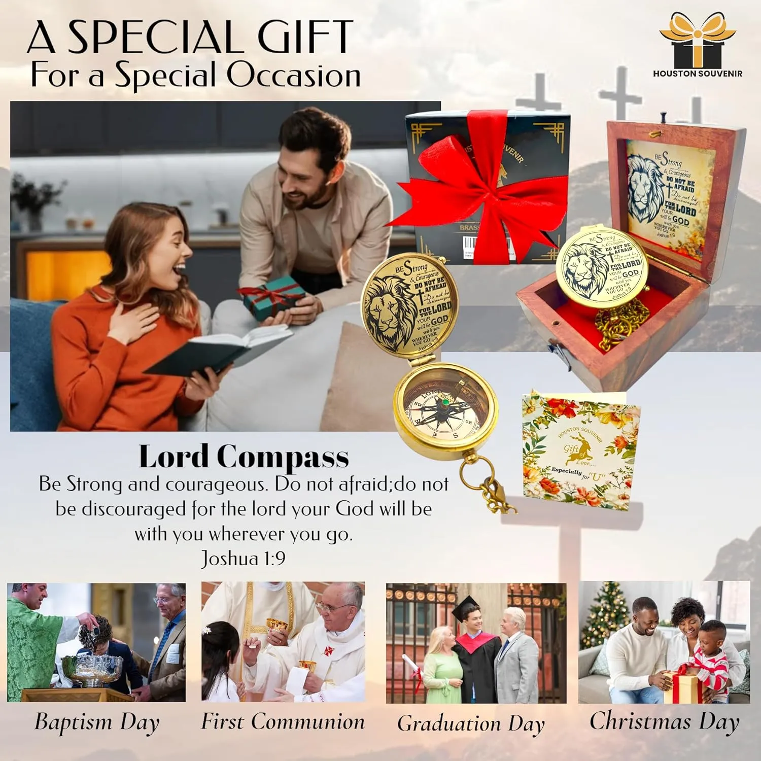 Be Strong and Courageous Brass Compass Engraved with Religious Scripture Verse - Ideal Gift for Son, Grandson, Daughter - Perfect for Baptism, Communion, Church and Graduation Day Present
