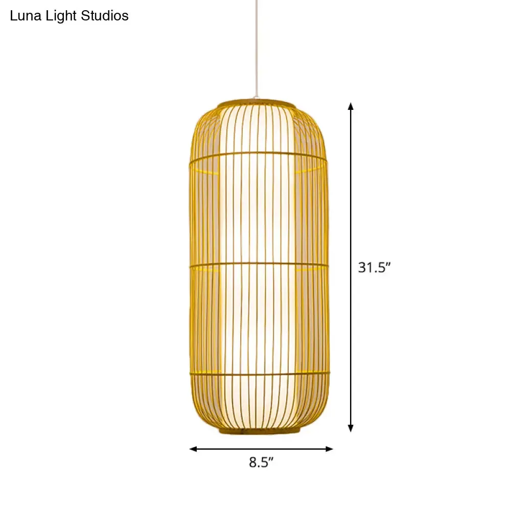 Beige Bamboo Hanging Lantern - Asian Style Pendant Light, 1-Light, Elongated Oval/Barrel Drop, Multiple Sizes - 16"/19.5"/31.5" Height