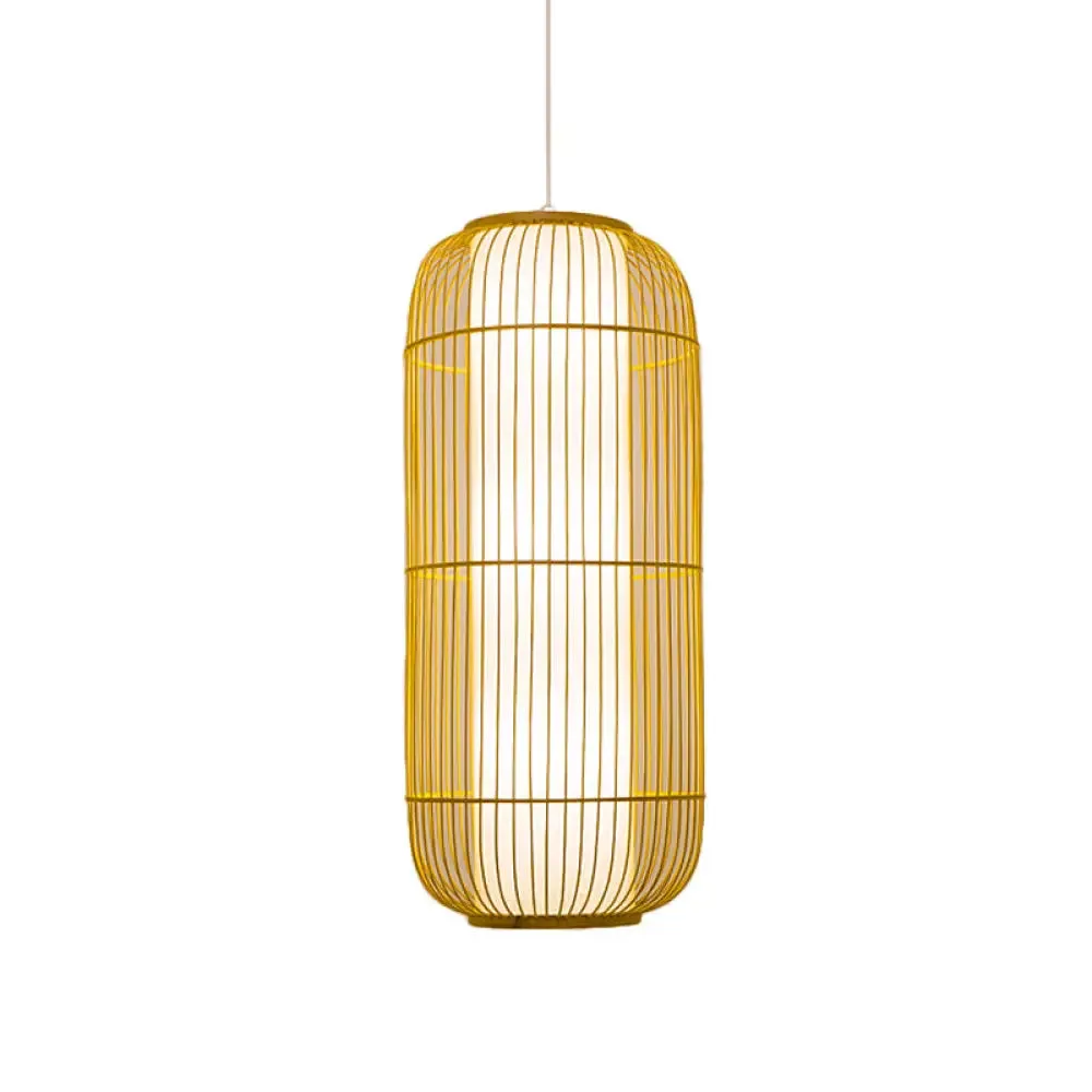 Beige Bamboo Hanging Lantern - Asian Style Pendant Light, 1-Light, Elongated Oval/Barrel Drop, Multiple Sizes - 16"/19.5"/31.5" Height