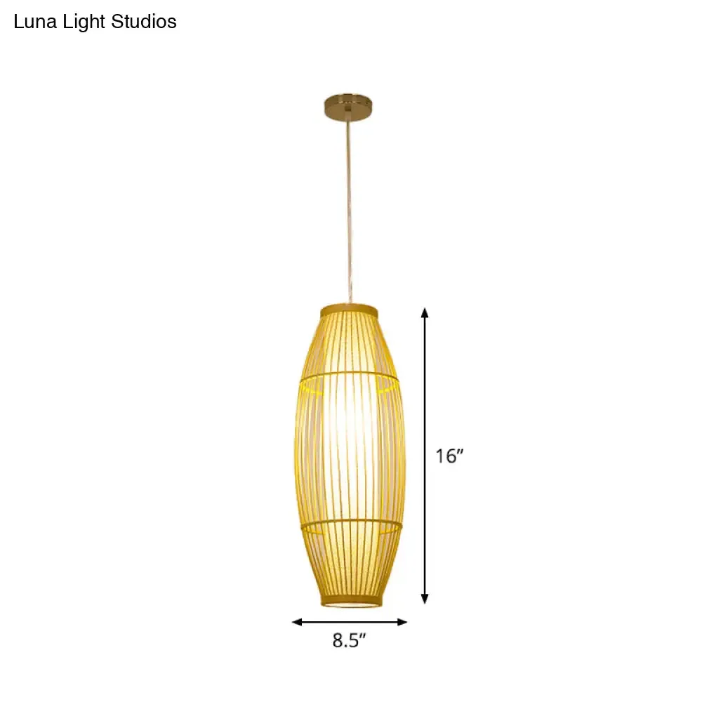 Beige Bamboo Hanging Lantern - Asian Style Pendant Light, 1-Light, Elongated Oval/Barrel Drop, Multiple Sizes - 16"/19.5"/31.5" Height