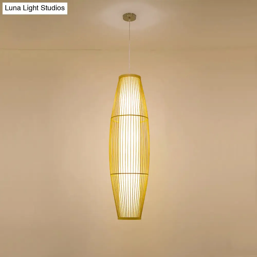 Beige Bamboo Hanging Lantern - Asian Style Pendant Light, 1-Light, Elongated Oval/Barrel Drop, Multiple Sizes - 16"/19.5"/31.5" Height