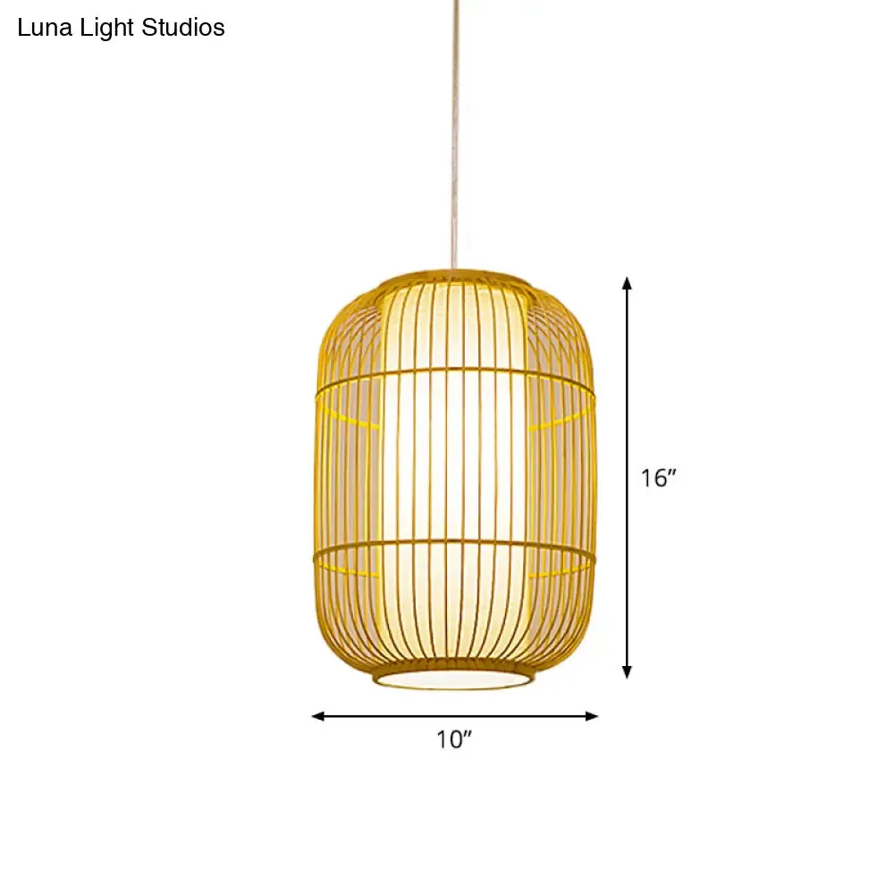 Beige Bamboo Hanging Lantern - Asian Style Pendant Light, 1-Light, Elongated Oval/Barrel Drop, Multiple Sizes - 16"/19.5"/31.5" Height
