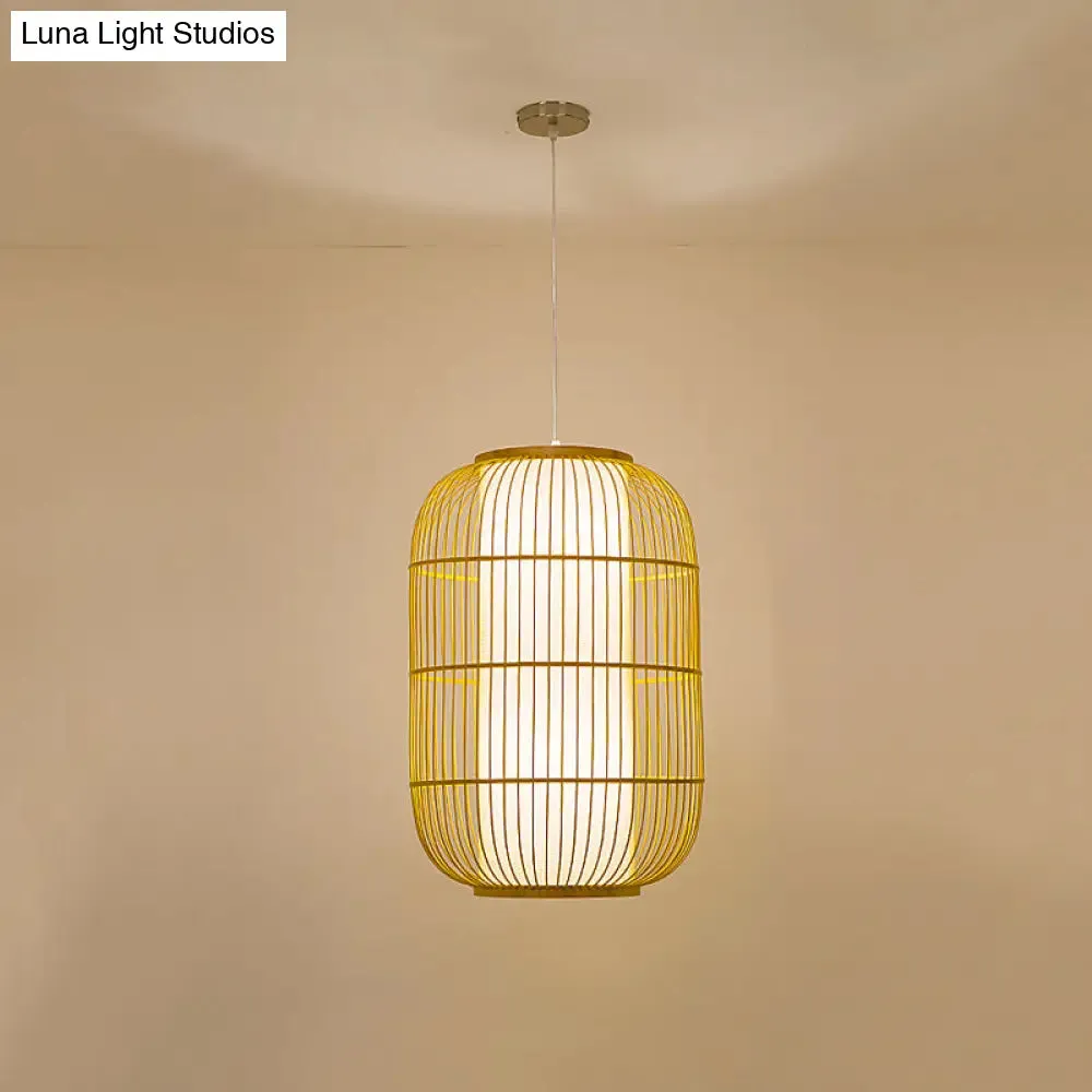 Beige Bamboo Hanging Lantern - Asian Style Pendant Light, 1-Light, Elongated Oval/Barrel Drop, Multiple Sizes - 16"/19.5"/31.5" Height