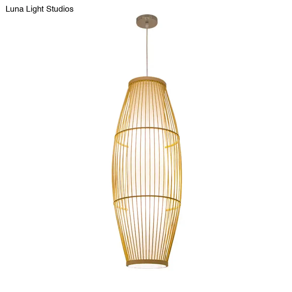 Beige Bamboo Hanging Lantern - Asian Style Pendant Light, 1-Light, Elongated Oval/Barrel Drop, Multiple Sizes - 16"/19.5"/31.5" Height
