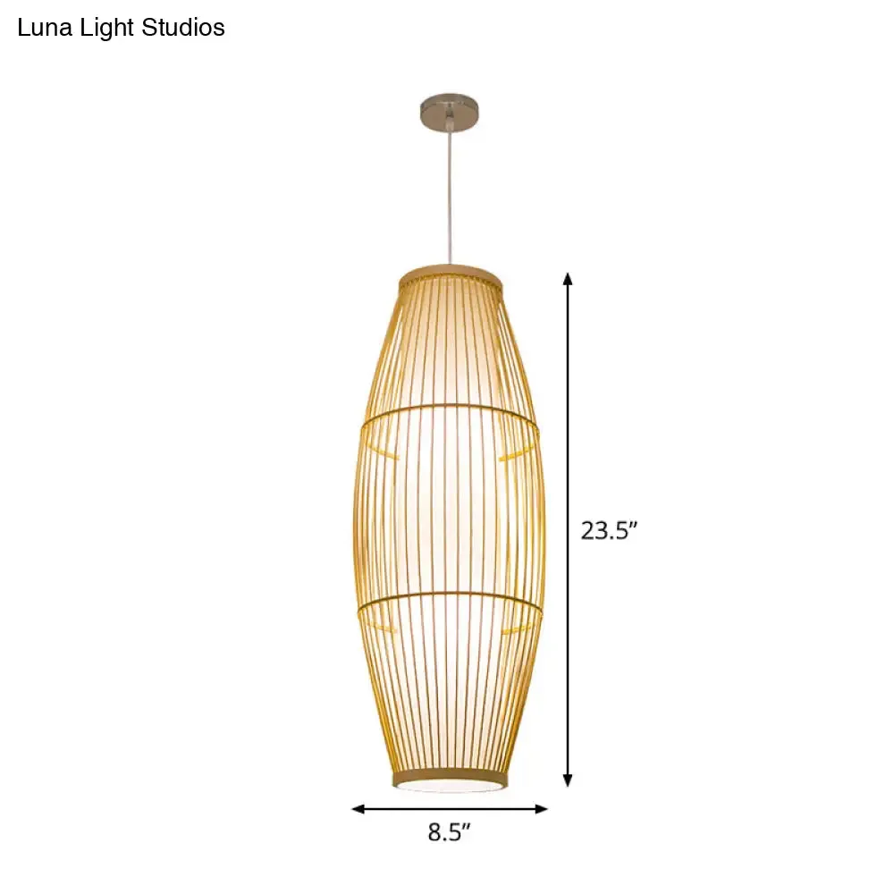 Beige Bamboo Hanging Lantern - Asian Style Pendant Light, 1-Light, Elongated Oval/Barrel Drop, Multiple Sizes - 16"/19.5"/31.5" Height