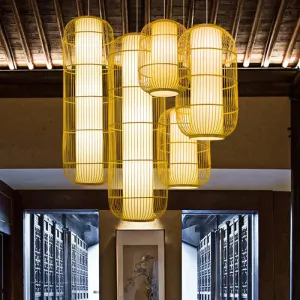 Beige Bamboo Hanging Lantern - Asian Style Pendant Light, 1-Light, Elongated Oval/Barrel Drop, Multiple Sizes - 16"/19.5"/31.5" Height