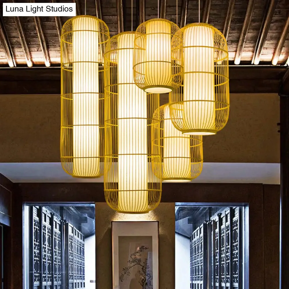 Beige Bamboo Hanging Lantern - Asian Style Pendant Light, 1-Light, Elongated Oval/Barrel Drop, Multiple Sizes - 16"/19.5"/31.5" Height