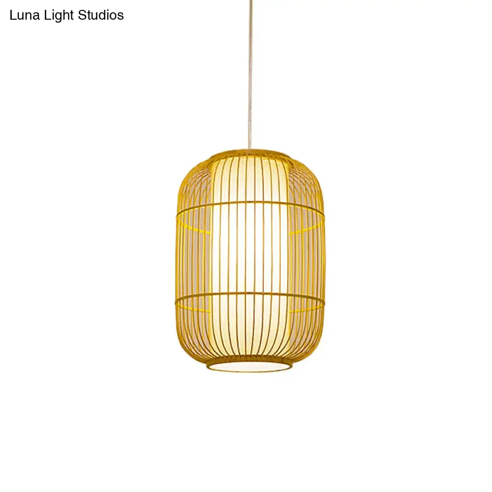 Beige Bamboo Hanging Lantern - Asian Style Pendant Light, 1-Light, Elongated Oval/Barrel Drop, Multiple Sizes - 16"/19.5"/31.5" Height