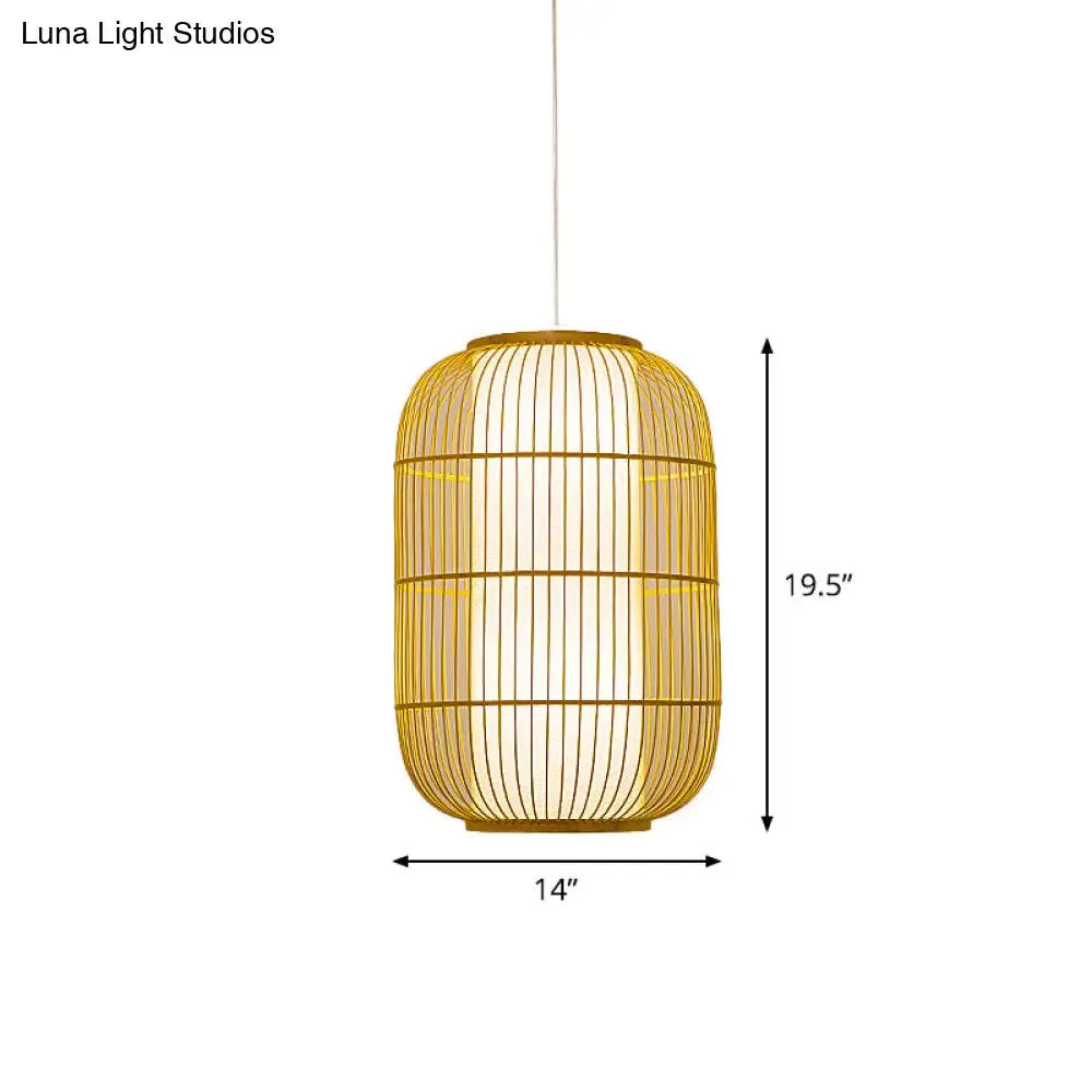 Beige Bamboo Hanging Lantern - Asian Style Pendant Light, 1-Light, Elongated Oval/Barrel Drop, Multiple Sizes - 16"/19.5"/31.5" Height